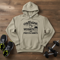 Load image into Gallery viewer, Caffeine Weights &amp; Protein Shakes | Funny Coffee Gym Hoodie for Men
