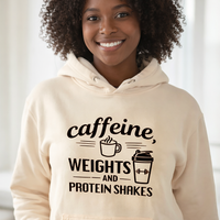 Load image into Gallery viewer, Caffeine Weights &amp; Protein Shakes | Funny Coffee Gym Hoodie for Women