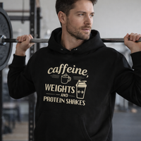 Load image into Gallery viewer, Caffeine Weights &amp; Protein Shakes | Funny Coffee Gym Hoodie for Men