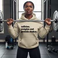 Load image into Gallery viewer, Caffeine, Weights &amp; Protein Shakes Text Hoodie | Women