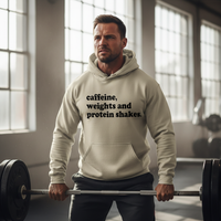 Load image into Gallery viewer, Caffeine, Weights &amp; Protein Shakes Text Hoodie | Men